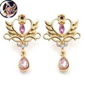 3 For $35 Sailor Moon Theme Post Drop Dangle Gold Tone With Pink CZ Earrings